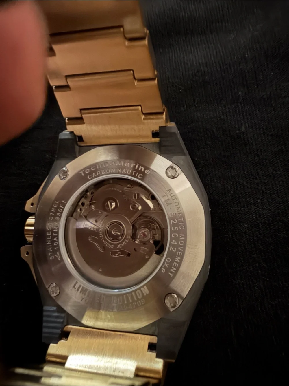 Technomarine Gold and Black Carbon Nautic Automatic Skeleton Watch